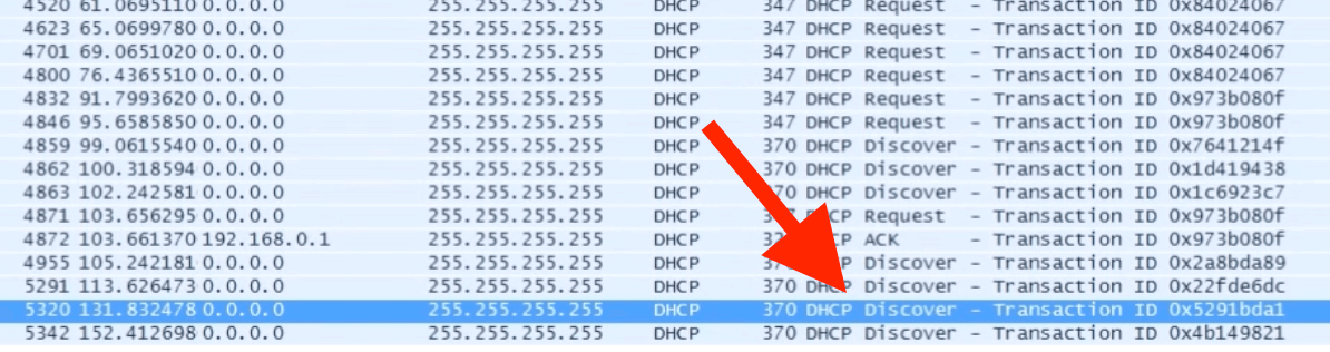 Screenshot of DHCP Discover packets in Wireshark