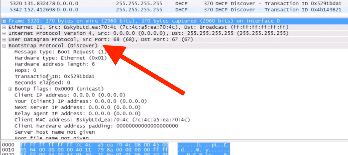 Screenshot of Bootstrap Protocol in Wireshark