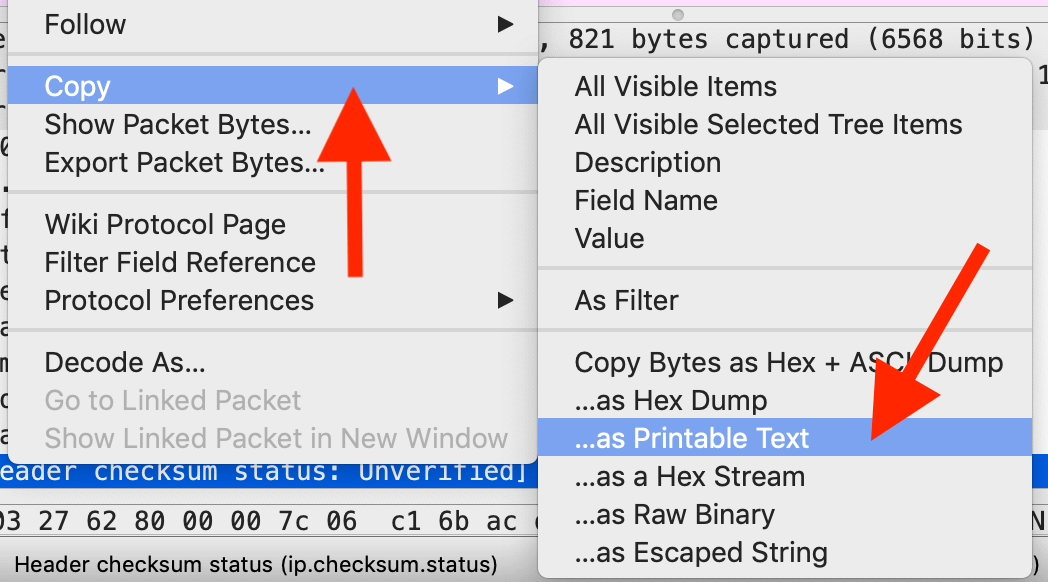 Screenshot of copy option in Wireshark