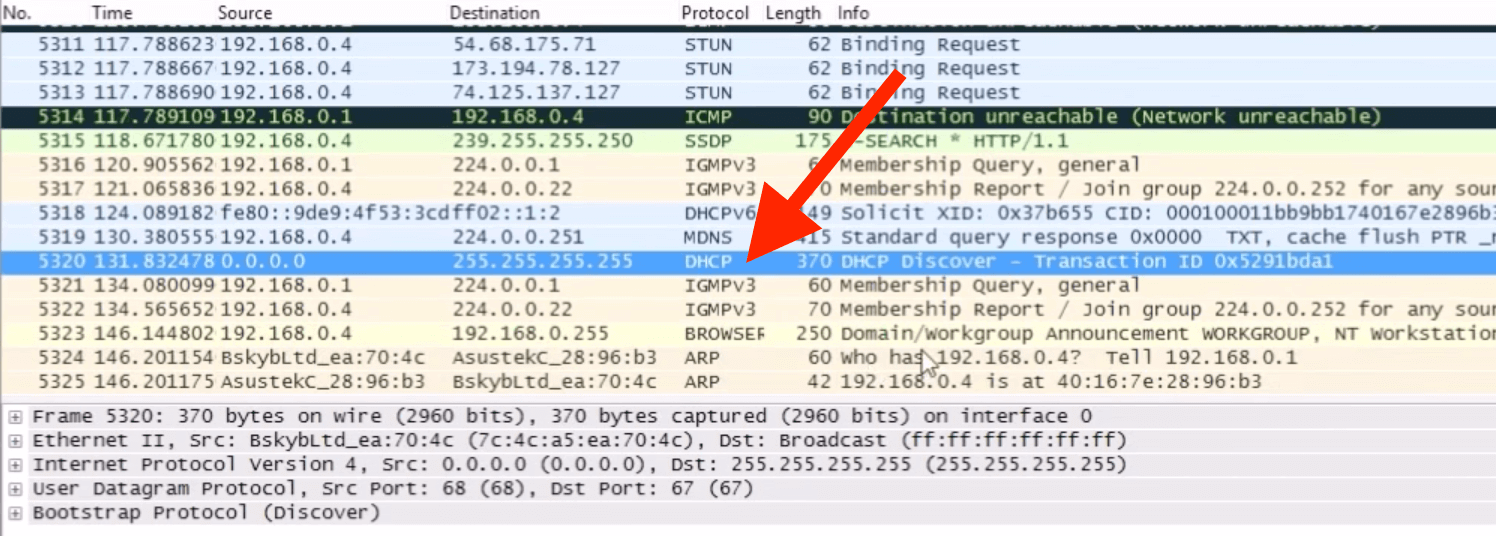 Screenshot of Wireshark DHCP packets