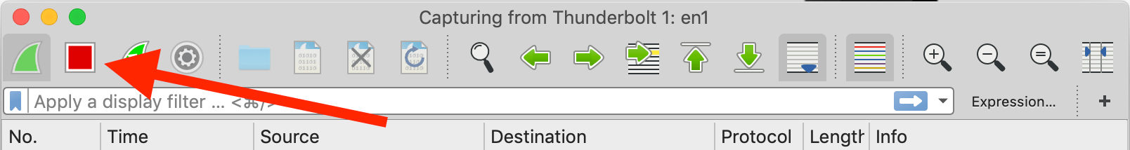 Screenshot of Wireshark stop button